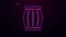 Glowing neon line Gun powder barrel icon isolated on purple background. TNT dynamite wooden old barrel. 4K Video motion