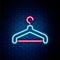 Glowing neon line Hanger wardrobe icon isolated on brick wall background. Cloakroom icon. Clothes service symbol