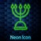 Glowing neon line Hanukkah menorah icon isolated on brick wall background. Hanukkah traditional symbol. Holiday religion