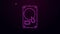 Glowing neon line Hard disk drive HDD icon isolated on purple background. 4K Video motion graphic animation