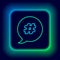 Glowing neon line Hashtag speech bubble icon isolated on black background. Concept of number sign, social media
