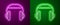 Glowing neon line Headphones icon isolated on purple and green background. Support customer service, hotline, call