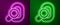 Glowing neon line Hearing aid icon isolated on purple and green background. Hearing and ear. Vector