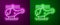 Glowing neon line Helicopter aircraft vehicle icon isolated on purple and green background. Vector