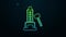 Glowing neon line High striker attraction with big hammer icon isolated on black background. Attraction for measuring