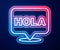 Glowing neon line Hola icon isolated on blue background. Vector