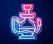 Glowing neon line Hookah icon isolated on blue background. Vector