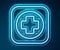 Glowing neon line Hospital signboard icon isolated on blue background. Vector