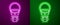 Glowing neon line Hot air balloon icon isolated on purple and green background. Air transport for travel. Vector