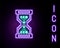 Glowing neon line Hourglass pixel with flowing sand icon isolated on black background. Sand clock sign. Business and