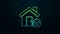 Glowing neon line House with check mark icon isolated on black background. Real estate agency or cottage town elite