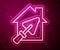 Glowing neon line House or home with trowel icon isolated on red background. Adjusting, service, setting, maintenance