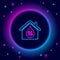 Glowing neon line House humidity icon isolated on black background. Weather and meteorology, thermometer symbol