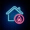 Glowing neon line House humidity icon isolated on brick wall background. Weather and meteorology, thermometer symbol