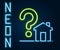 Glowing neon line House with question mark icon isolated on black background. Housing problems, questions. Colorful