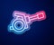 Glowing neon line Howitzer icon isolated on blue background. Shooting from a gun. Artillery. Vector