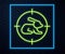 Glowing neon line Hunt on rabbit with crosshairs icon isolated on brick wall background. Hunting club logo with rabbit