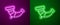 Glowing neon line Hunting horn icon isolated on purple and green background. Vector