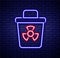 Glowing neon line Infectious waste icon isolated on brick wall background. Tank for collecting radioactive waste