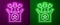 Glowing neon line Jack in the box toy icon isolated on purple and green background. Jester out of the box. Vector