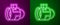 Glowing neon line Jet engine turbine icon isolated on purple and green background. Plane turbine. Airplane equipment