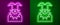 Glowing neon line Joker head icon isolated on purple and green background. Jester sign. Vector