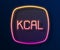 Glowing neon line Kcal icon isolated on isolated on black background. Health food. Vector