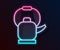 Glowing neon line Kettle with handle icon isolated on black background. Teapot icon. Vector Illustration