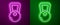 Glowing neon line Kettlebell icon isolated on purple and green background. Sport equipment. Vector Illustration