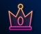 Glowing neon line King crown icon isolated on black background. Vector