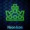 Glowing neon line King crown icon isolated on brick wall background. Vector