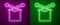 Glowing neon line Knitting icon isolated on purple and green background. Wool emblem with knitted fabric and needle