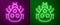 Glowing neon line Ladybug icon isolated on purple and green background. Vector