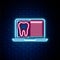 Glowing neon line Laptop with dental card or patient medical records icon isolated on brick wall background. Dental