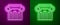 Glowing neon line Law pillar icon isolated on purple and green background. Vector