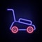Glowing neon line Lawn mower icon isolated on brick wall background. Lawn mower cutting grass. Colorful outline concept