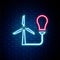 Glowing neon line Light bulb with wind turbine as idea of eco friendly source of energy icon isolated on brick wall