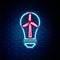 Glowing neon line Light bulb with wind turbine as idea of eco friendly source of energy icon isolated on brick wall