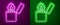 Glowing neon line Lighter icon isolated on purple and green background. Vector