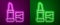 Glowing neon line Lipstick icon isolated on purple and green background. Vector