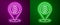 Glowing neon line Location bitcoin icon isolated on purple and green background. Physical bit coin. Blockchain based