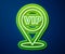 Glowing neon line Location Vip icon isolated on blue background. Vector