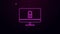 Glowing neon line Lock on computer monitor screen icon isolated on purple background. Security, safety, protection