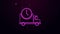 Glowing neon line Logistics delivery truck and clock icon isolated on purple background. Delivery time icon. 4K Video