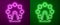 Glowing neon line London eye icon isolated on purple and green background. Eye london england landmark culture europe
