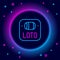 Glowing neon line Lottery ticket icon isolated on black background. Bingo, lotto, cash prizes. Financial success