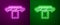 Glowing neon line Luxury limousine car and carpet icon isolated on purple and green background. For world premiere