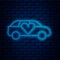 Glowing neon line Luxury limousine car icon isolated on brick wall background. For world premiere celebrities and guests