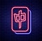 Glowing neon line Mahjong pieces icon isolated on brick wall background. Chinese mahjong red dragon game emoji. Colorful