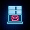 Glowing neon line Mail server icon isolated on brick wall background. Colorful outline concept. Vector